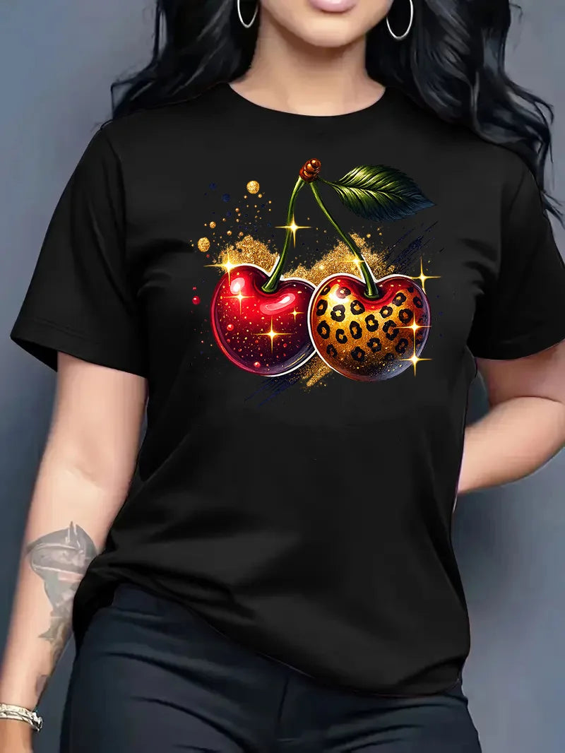 2026 Summer New Round Neck Top Fashion Casual Loose Apple Print Simple Versatile T-Shirt Women Clothes