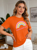 2026 Spring Summer New Women Rainbow Print T-Shirt Casual Loose O Neck Short Sleeve Tee Tops