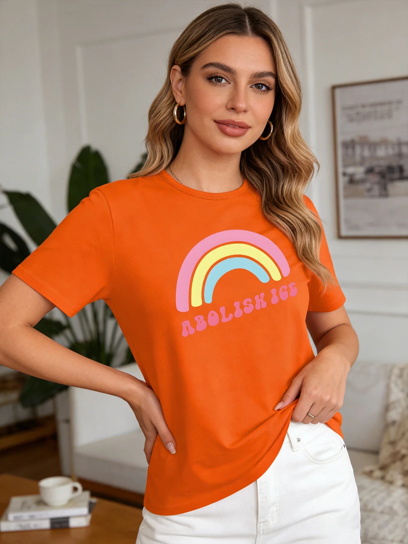 2026 Spring Summer New Women Rainbow Print T-Shirt Casual Loose O Neck Short Sleeve Tee Tops