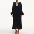 Luxury Women's Pleated Maxi Dress | Crystal Embellished Neckline & Feather Cuff Gown
