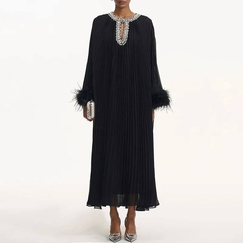 Luxury Women's Pleated Maxi Dress | Crystal Embellished Neckline & Feather Cuff Gown