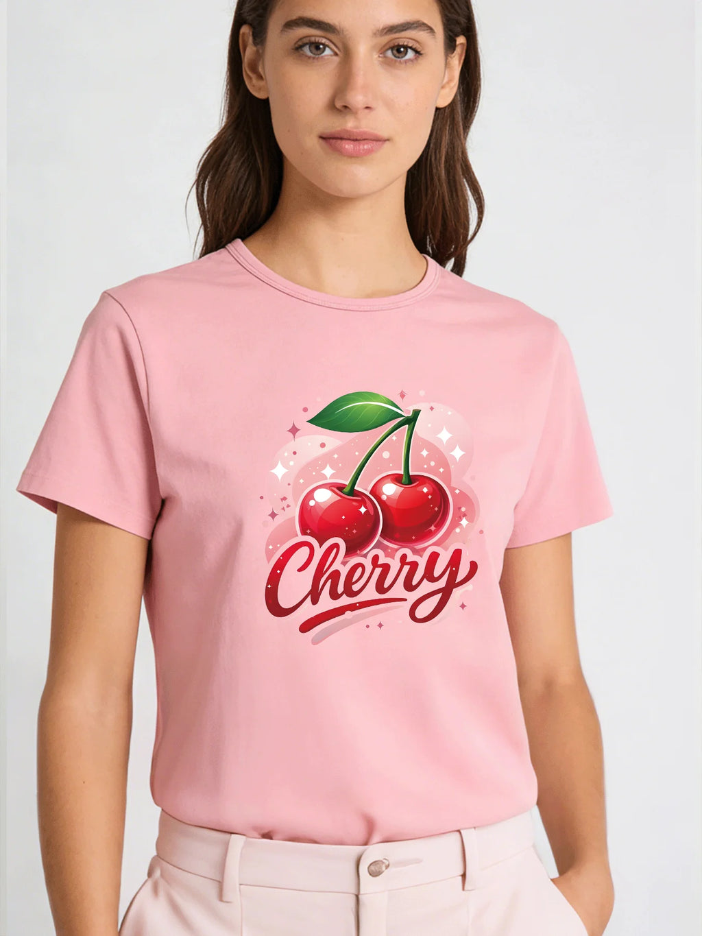 2026 Spring/Summer New Women's Round Neck Fashion Casual Loose T-Shirt with Cherry Print Top