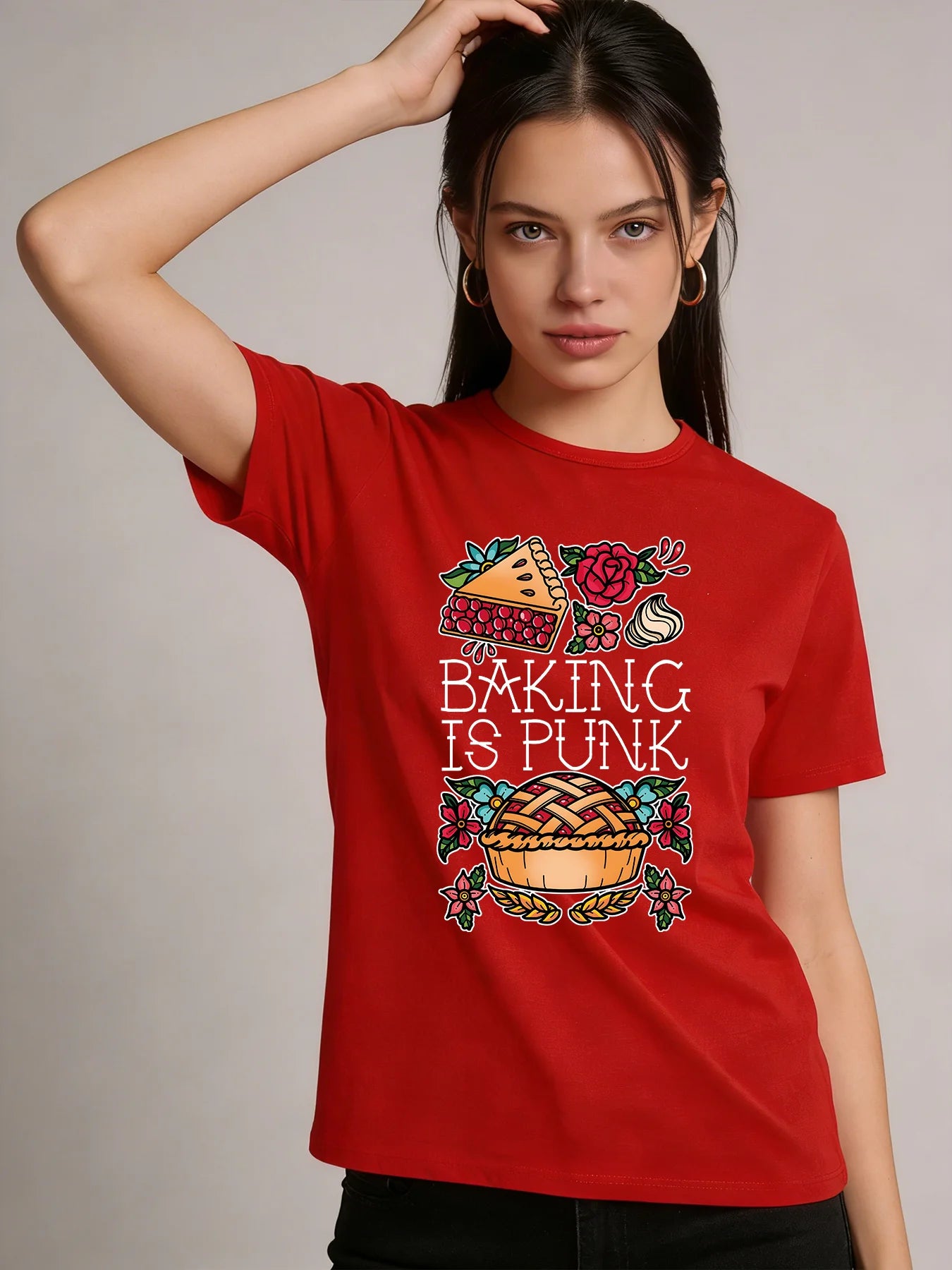 2026 Spring/Summer New Women's Round Neck Fashionable Casual Cute Baking Lover Top/T-Shirt