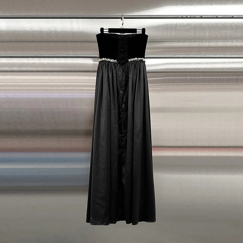 Luxury Strapless Black Velvet & Satin Ball Gown | Crystal-Embellished Waist Evening Dress