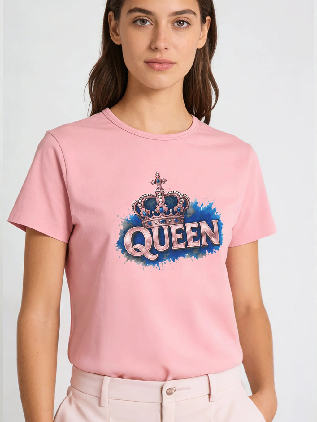 Queen Crown T Shirt Women Pink Blue Graphic Tee Casual Round Neck Short Sleeve Tops Women Clothes