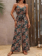Women Floral Print Spaghetti Strap Jumpsuit - Casual Belted Wide Leg Romper