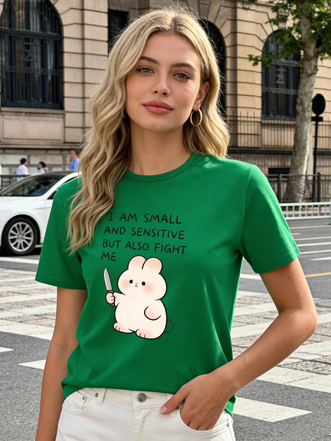 2026 Spring/Summer New Women's Fashionable Cute Cartoon Rabbit Print Round Neck T-Shirt Top
