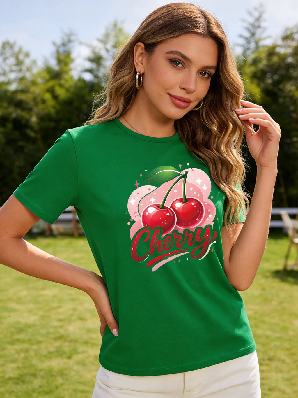 2026 Spring/Summer New Women's Round Neck Fashion Casual Loose T-Shirt with Cherry Print Top
