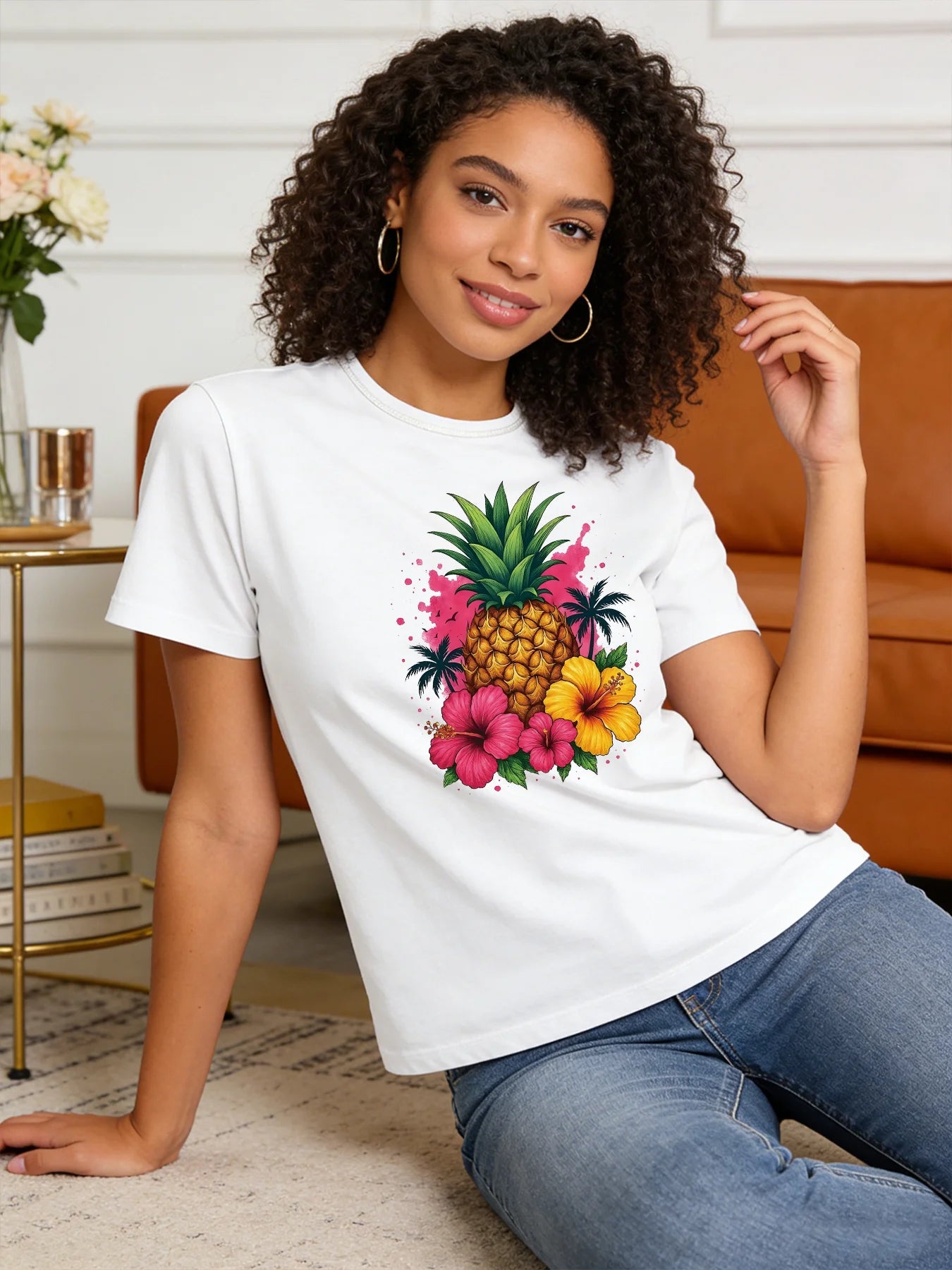Pineapple Hibiscus T Shirt Women Tropical Summer Graphic Tee Casual Round Neck Short Sleeve Tops