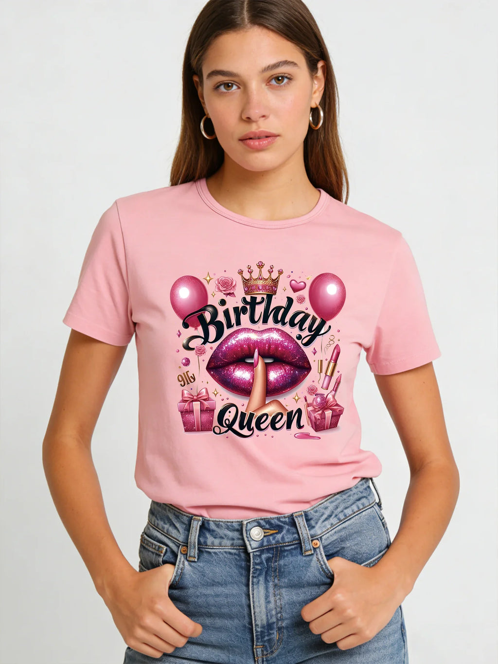 Birthday Queen T-shirt Women's Glittering Lip Pattern T-shirt 2026 Spring/Summer New Casual Round Neck Short Sleeve Top