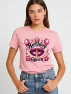 Birthday Queen T-shirt Women's Glittering Lip Pattern T-shirt 2026 Spring/Summer New Casual Round Neck Short Sleeve Top