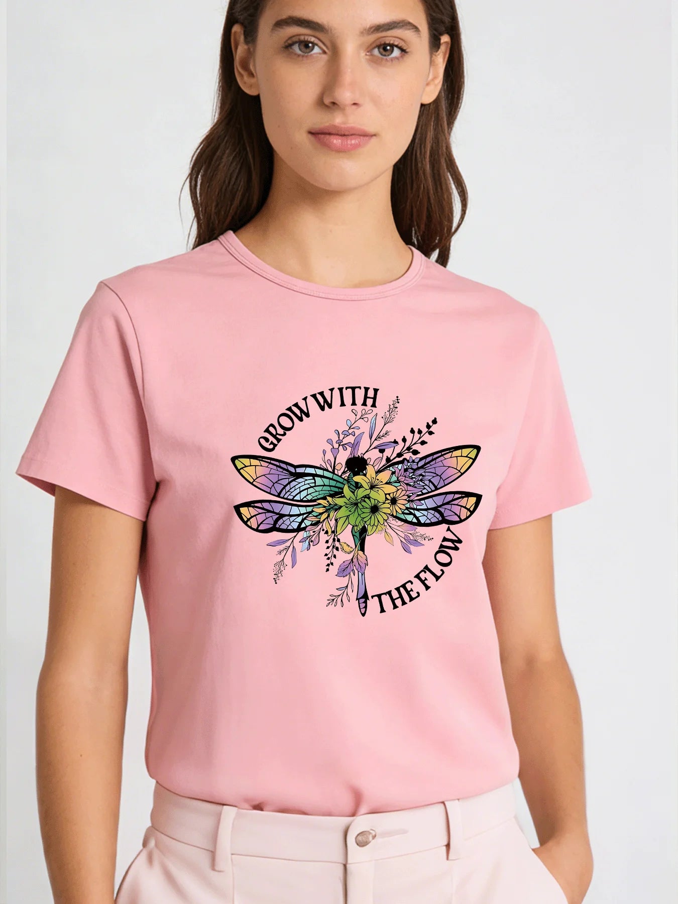 Grow with The Flow Dragonfly T Shirt Women Floral Inspirational Graphic Tee Casual Round Neck Short Sleeve Tops