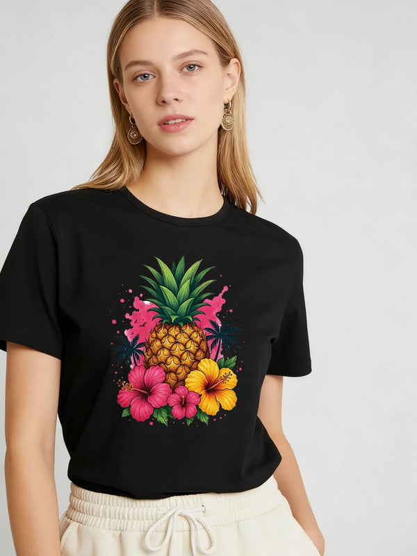 Pineapple Hibiscus T Shirt Women Tropical Summer Graphic Tee Casual Round Neck Short Sleeve Tops