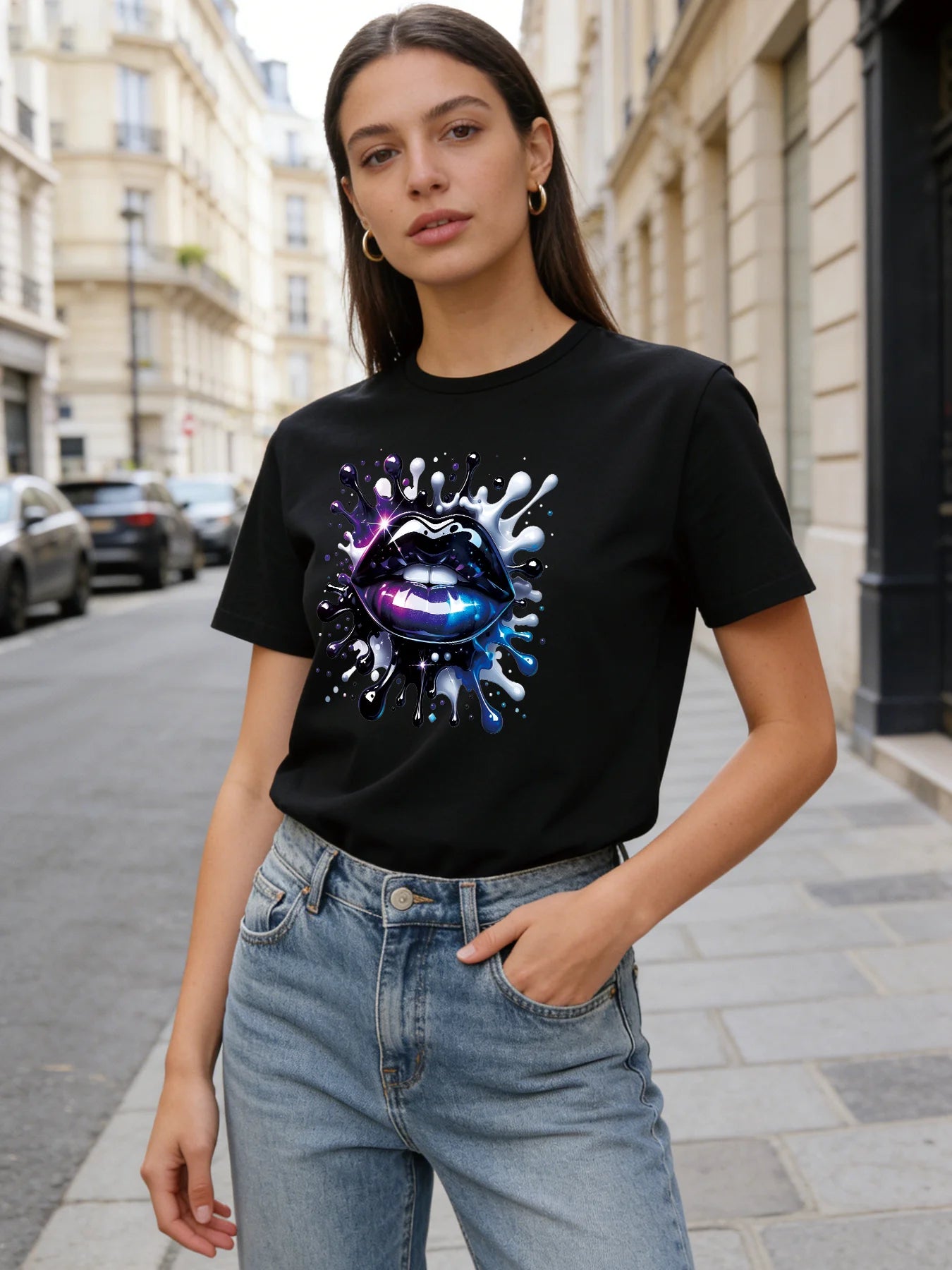 2026 Spring/Summer New Women's Purple Sequined Lip Pattern T-Shirt Casual Round Neck Short Sleeve Top