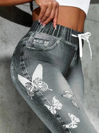 Hosen Damen Faux Denim Bedruckte High Waist Leggings Casual Skinny Stretch Imitation Jeans Sweathose Kleidung Y2k Hose Jogger