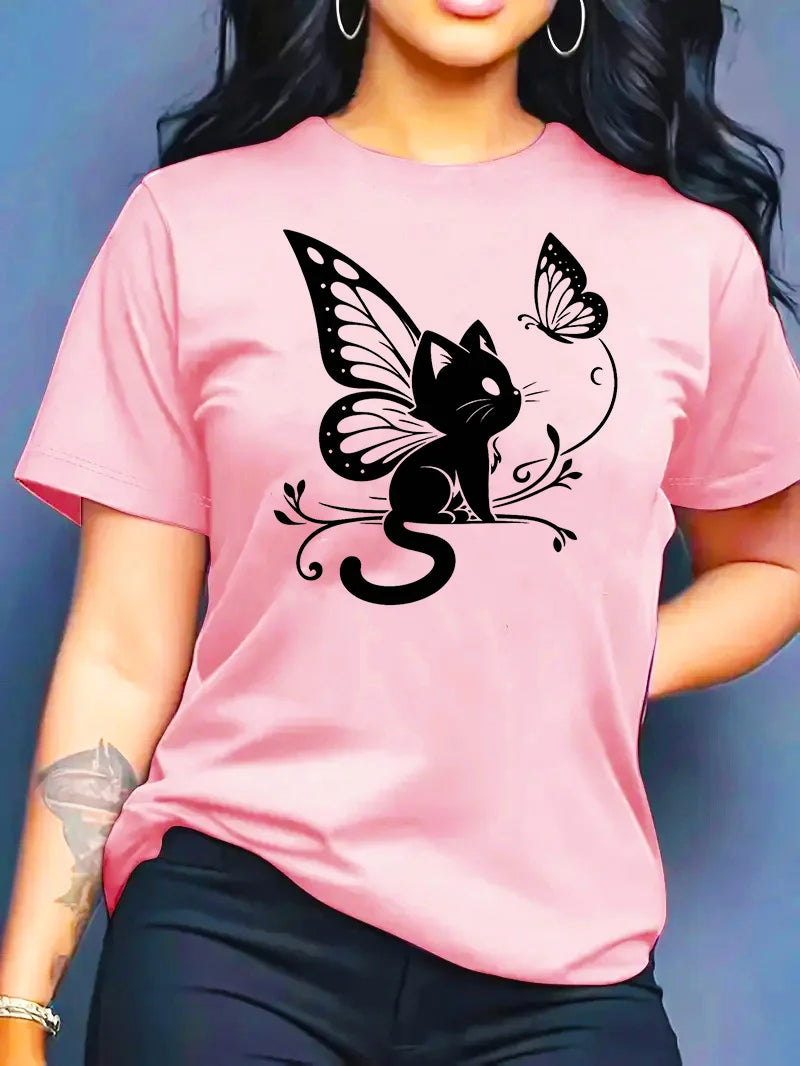 2026 Summer New Women's Round Neck Fashion Casual Loose Butterfly Cat Print T-Shirt Short Sleeve Top