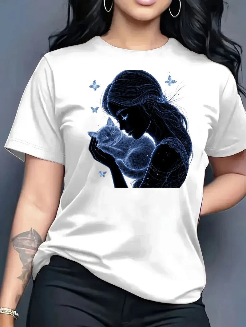 2026 Summer New Women's Round Neck Fashion Casual Loose Printed T-Shirt Short Sleeve Top Y2k Clothes
