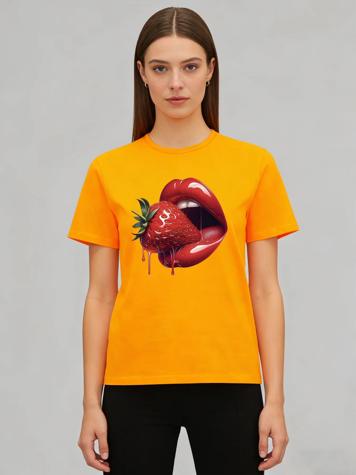 2026 Spring/Summer New Women's Strawberry Lip Print T-Shirt Red Glossy Lip Print Pattern T-Shirt Casual Short-Sleeve Top