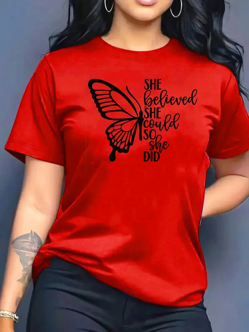 2026 Summer New Fashion Casual Loose Butterfly Print Crew Neck Short Sleeve T-Shirt Top Women Clothes