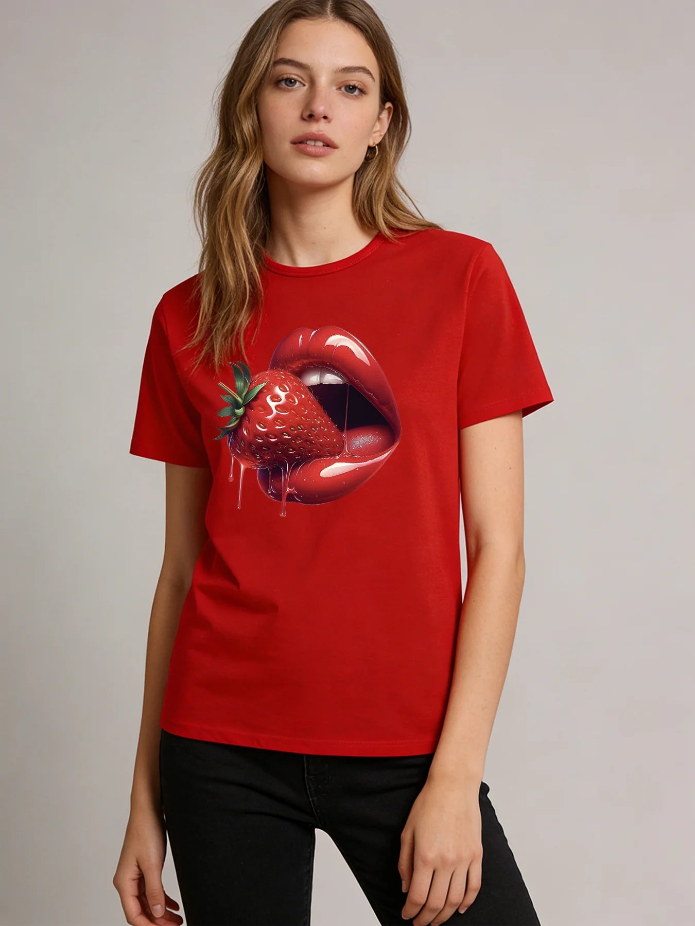 2026 Spring/Summer New Women's Strawberry Lip Print T-Shirt Red Glossy Lip Print Pattern T-Shirt Casual Short-Sleeve Top