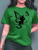 2026 Summer New Women's Round Neck Fashion Casual Loose Butterfly Cat Print T-Shirt Short Sleeve Top