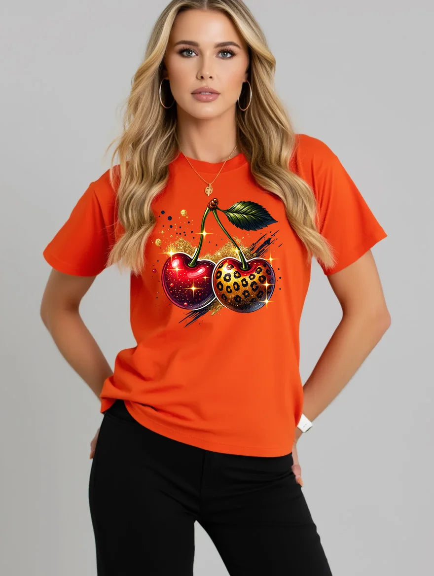 2026 Summer New Round Neck Top Fashion Casual Loose Apple Print Simple Versatile T-Shirt Women Clothes