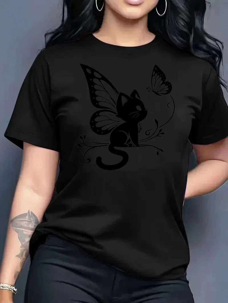 2026 Summer New Women's Round Neck Fashion Casual Loose Butterfly Cat Print T-Shirt Short Sleeve Top