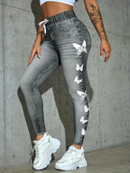 Hosen Damen Faux Denim Bedruckte High Waist Leggings Casual Skinny Stretch Imitation Jeans Sweathose Kleidung Y2k Hose Jogger