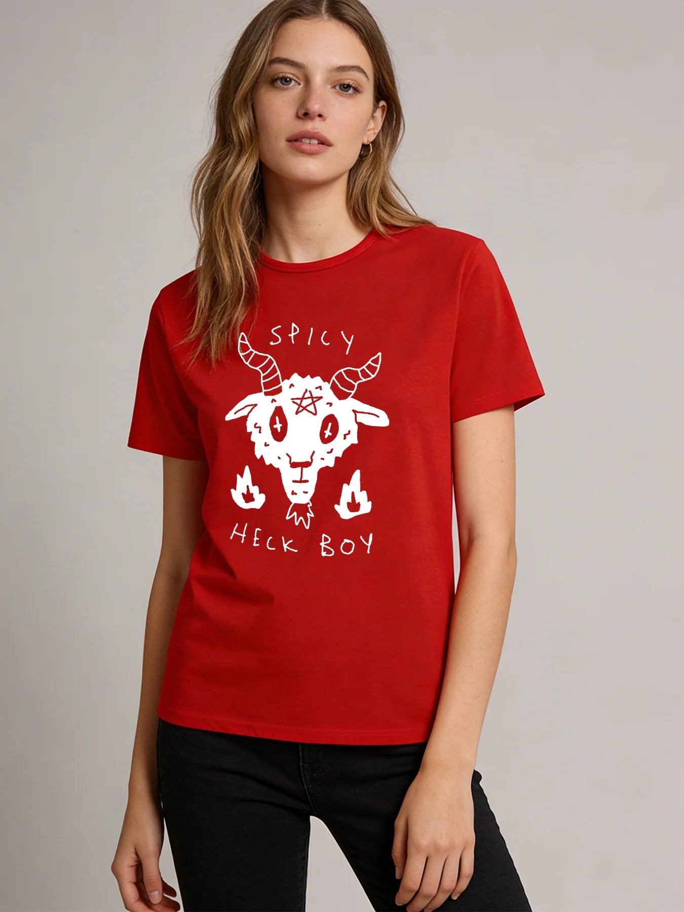 Spicy Heck Boy Goat T Shirt Women Gothic Occult Pentagram Graphic Tee 2026 Spring Summer Round Neck Short Sleeve Tops