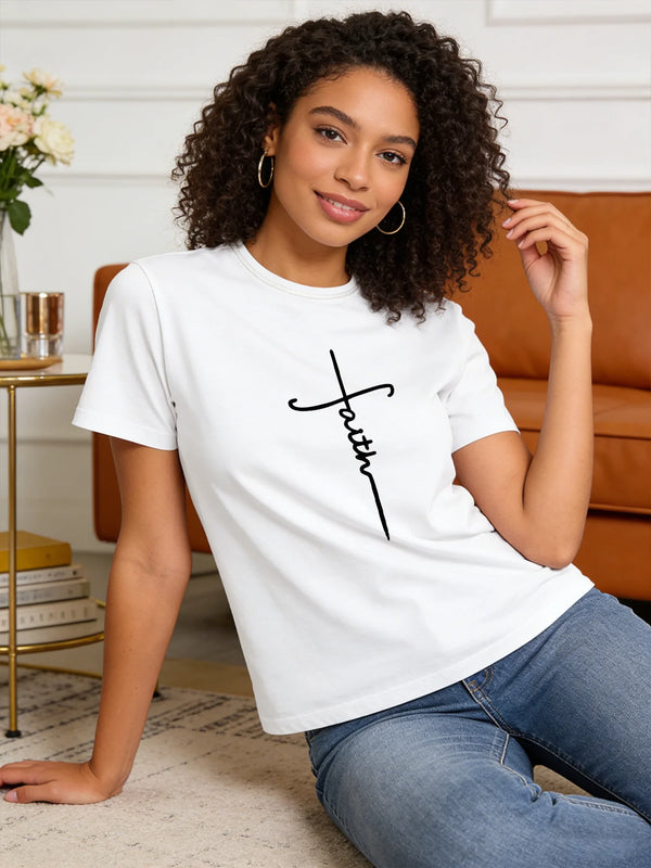 Faith Cross T Shirt Women Christian Faith Graphic Tee Casual Round Neck Short Sleeve Tops