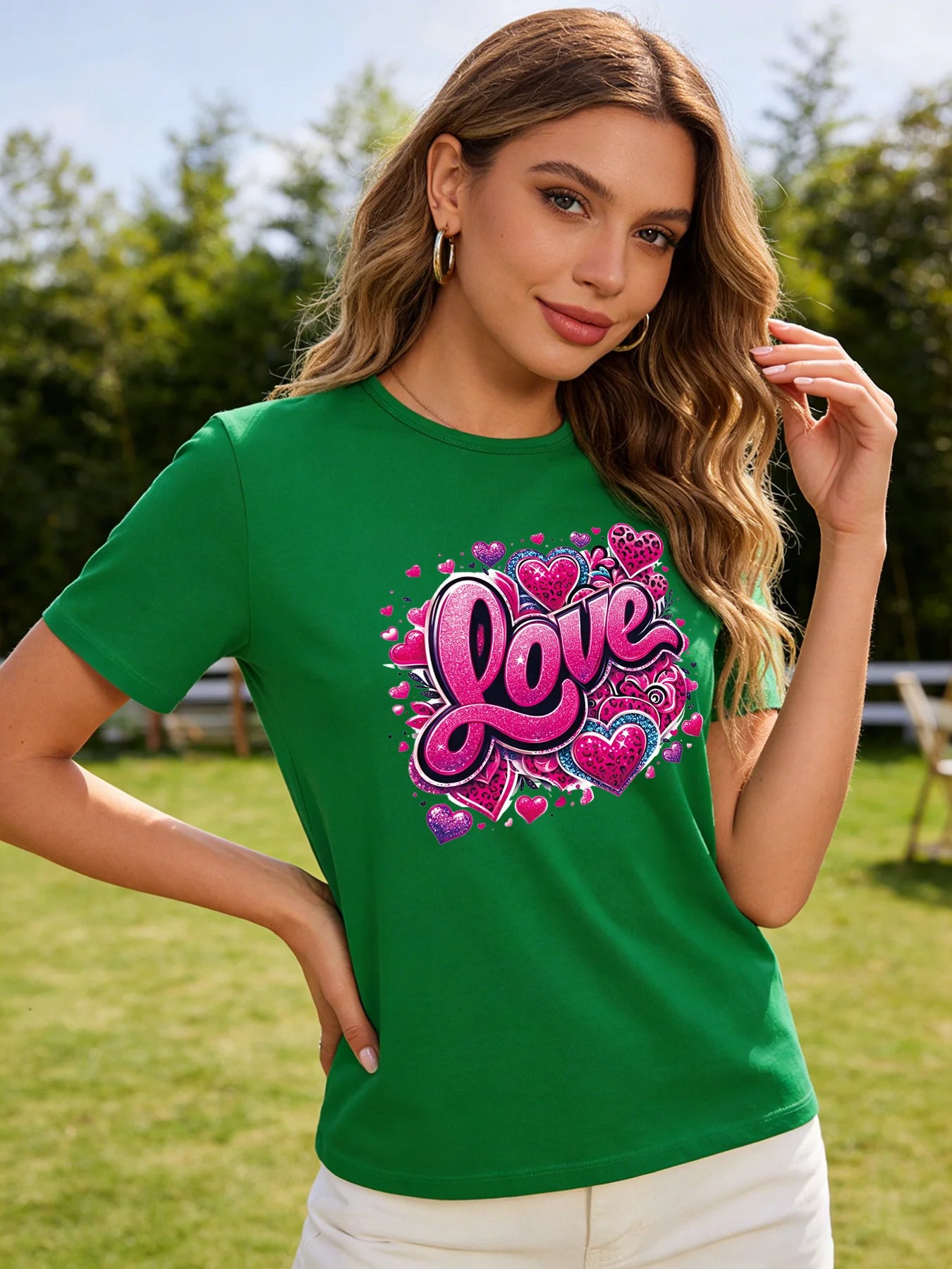 2026 Spring/Summer New Women's Heart Pattern T-Shirt, Pink Sequin Print, Casual Round Neck Short Sleeve Top