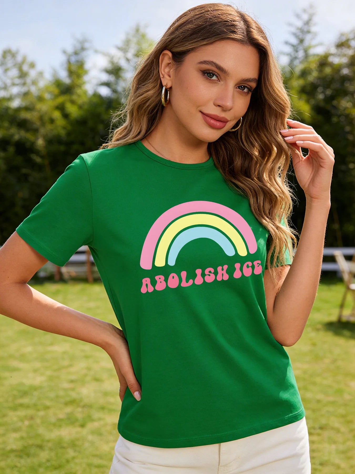 2026 Spring Summer New Women Rainbow Print T-Shirt Casual Loose O Neck Short Sleeve Tee Tops