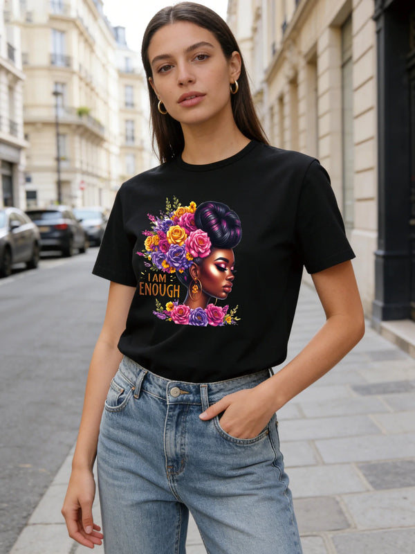 I Am Enough T Shirt Women Black Queen Floral Graphic Tee Casual Round Neck Short Sleeve Tops