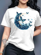 2026 Summer New Women's Round Neck Fashion Casual Loose Butterfly Floral Print T-Shirt Short Sleeve Top