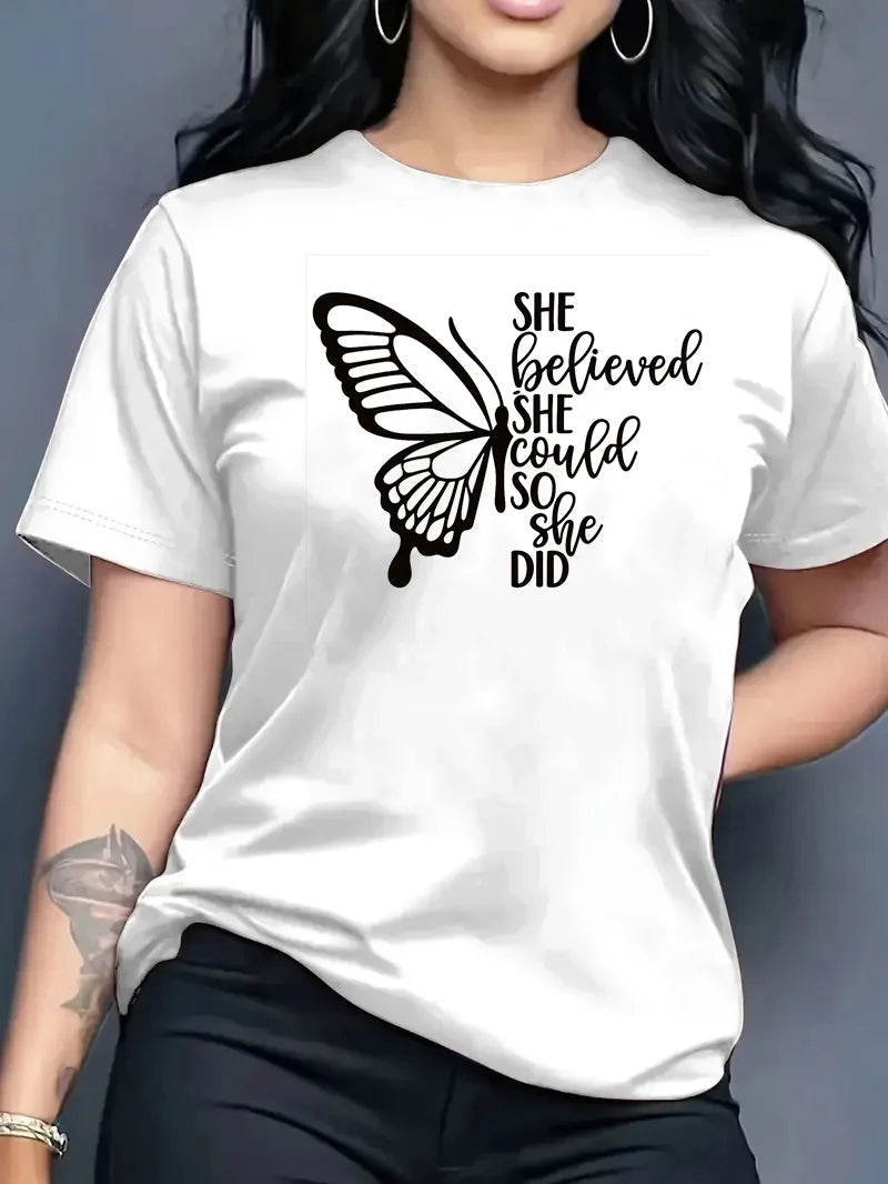 2026 Summer New Fashion Casual Loose Butterfly Print Crew Neck Short Sleeve T-Shirt Top Women Clothes