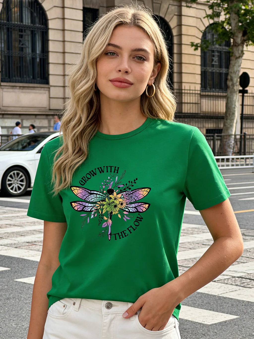 Grow with The Flow Dragonfly T Shirt Women Floral Inspirational Graphic Tee Casual Round Neck Short Sleeve Tops