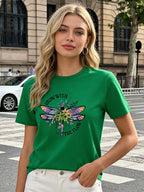 Grow with The Flow Dragonfly T Shirt Women Floral Inspirational Graphic Tee Casual Round Neck Short Sleeve Tops