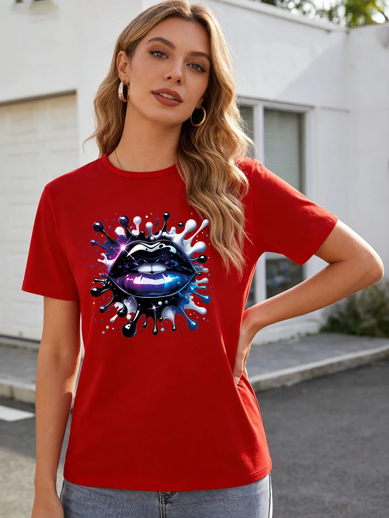 2026 Spring/Summer New Women's Purple Sequined Lip Pattern T-Shirt Casual Round Neck Short Sleeve Top