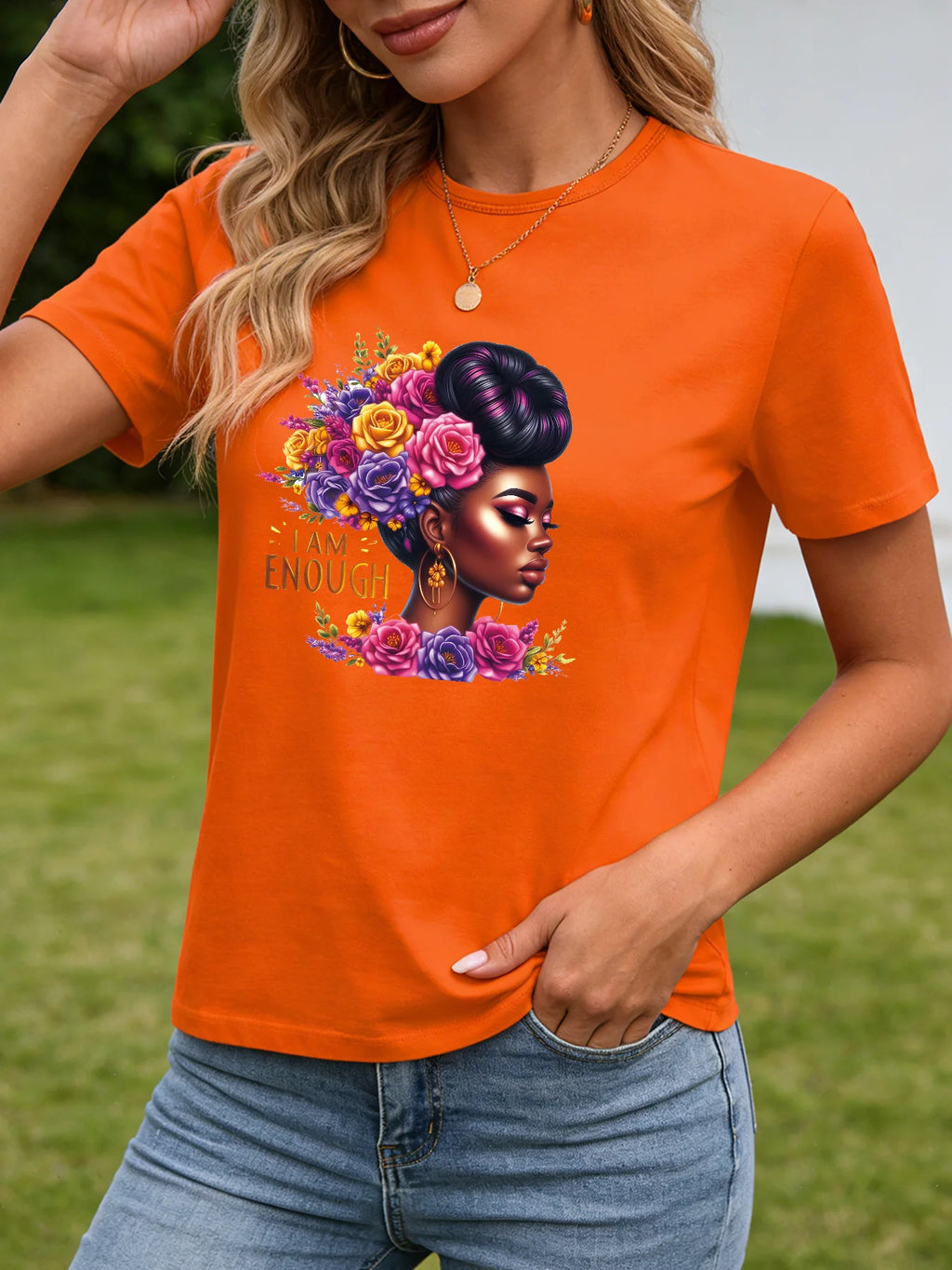 I Am Enough T Shirt Women Black Queen Floral Graphic Tee Casual Round Neck Short Sleeve Tops