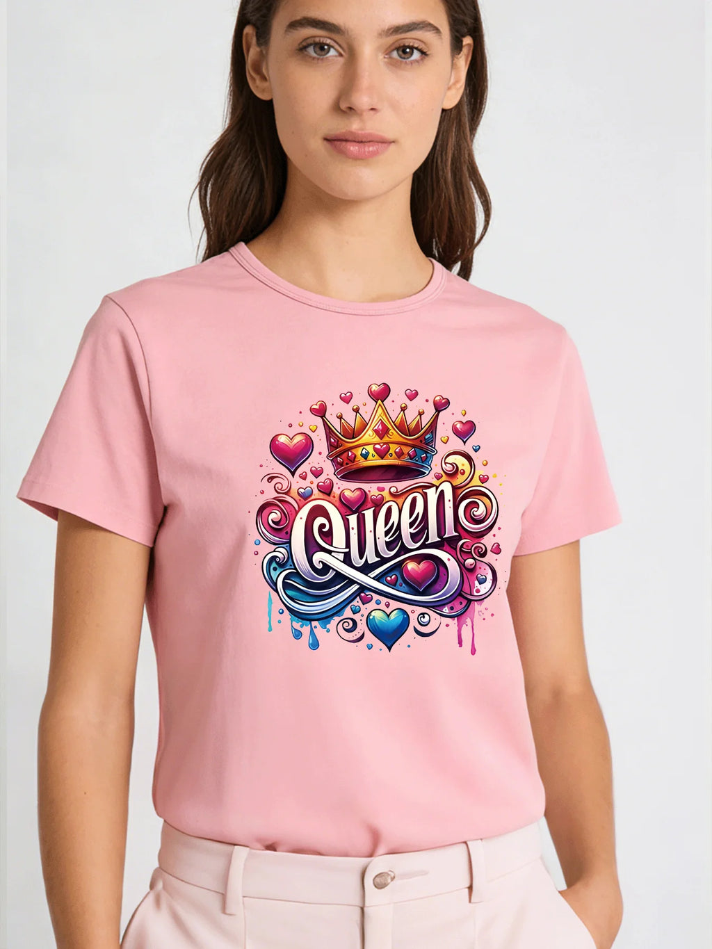 2026 Spring/Summer New Women's Round Neck Casual T-Shirt with Queen Letter Crown Print Top