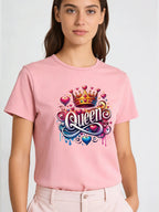 2026 Spring/Summer New Women's Round Neck Casual T-Shirt with Queen Letter Crown Print Top