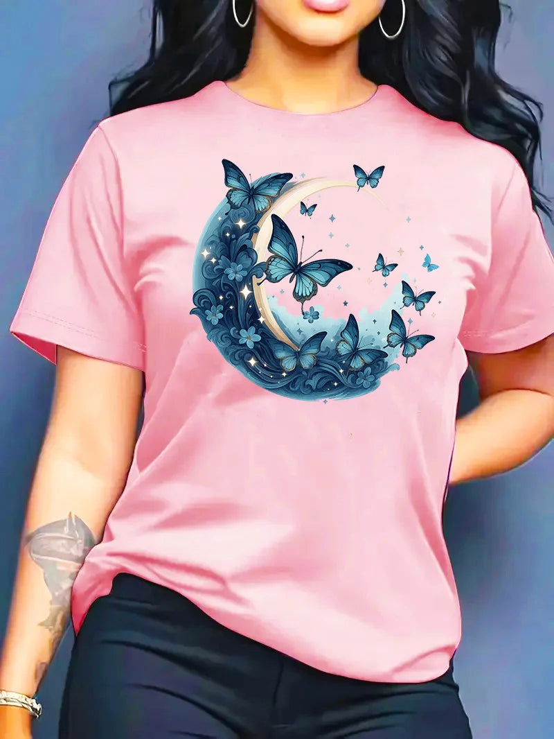 2026 Summer New Women's Round Neck Fashion Casual Loose Butterfly Floral Print T-Shirt Short Sleeve Top