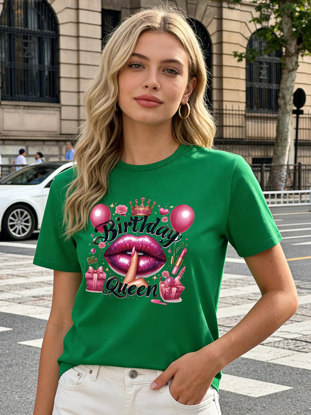 Birthday Queen T-shirt Women's Glittering Lip Pattern T-shirt 2026 Spring/Summer New Casual Round Neck Short Sleeve Top