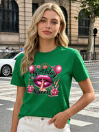 Birthday Queen T-shirt Women's Glittering Lip Pattern T-shirt 2026 Spring/Summer New Casual Round Neck Short Sleeve Top