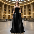 Luxury Strapless Black Velvet & Satin Ball Gown | Crystal-Embellished Waist Evening Dress
