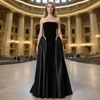 Luxury Strapless Black Velvet & Satin Ball Gown | Crystal-Embellished Waist Evening Dress