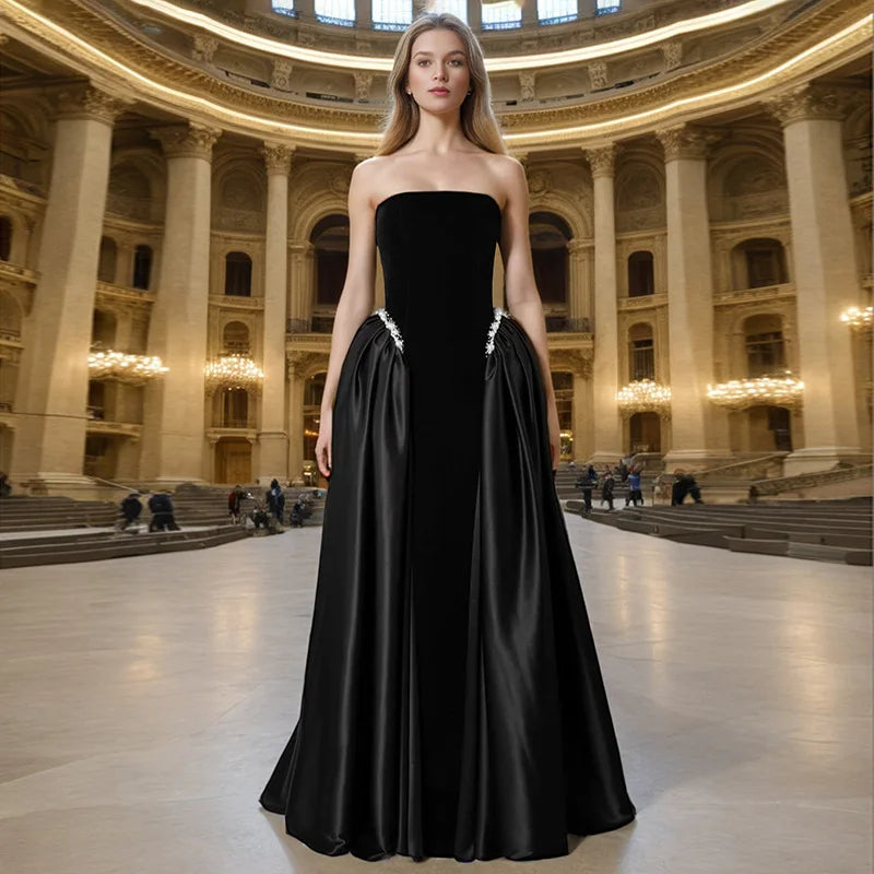Luxury Strapless Black Velvet & Satin Ball Gown | Crystal-Embellished Waist Evening Dress