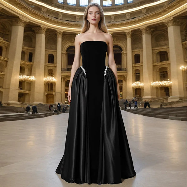 Luxury Strapless Black Velvet & Satin Ball Gown | Crystal-Embellished Waist Evening Dress