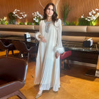 Luxury Women's Pleated Maxi Dress | Crystal Embellished Neckline & Feather Cuff Gown