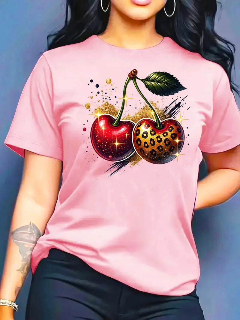 2026 Summer New Round Neck Top Fashion Casual Loose Apple Print Simple Versatile T-Shirt Women Clothes